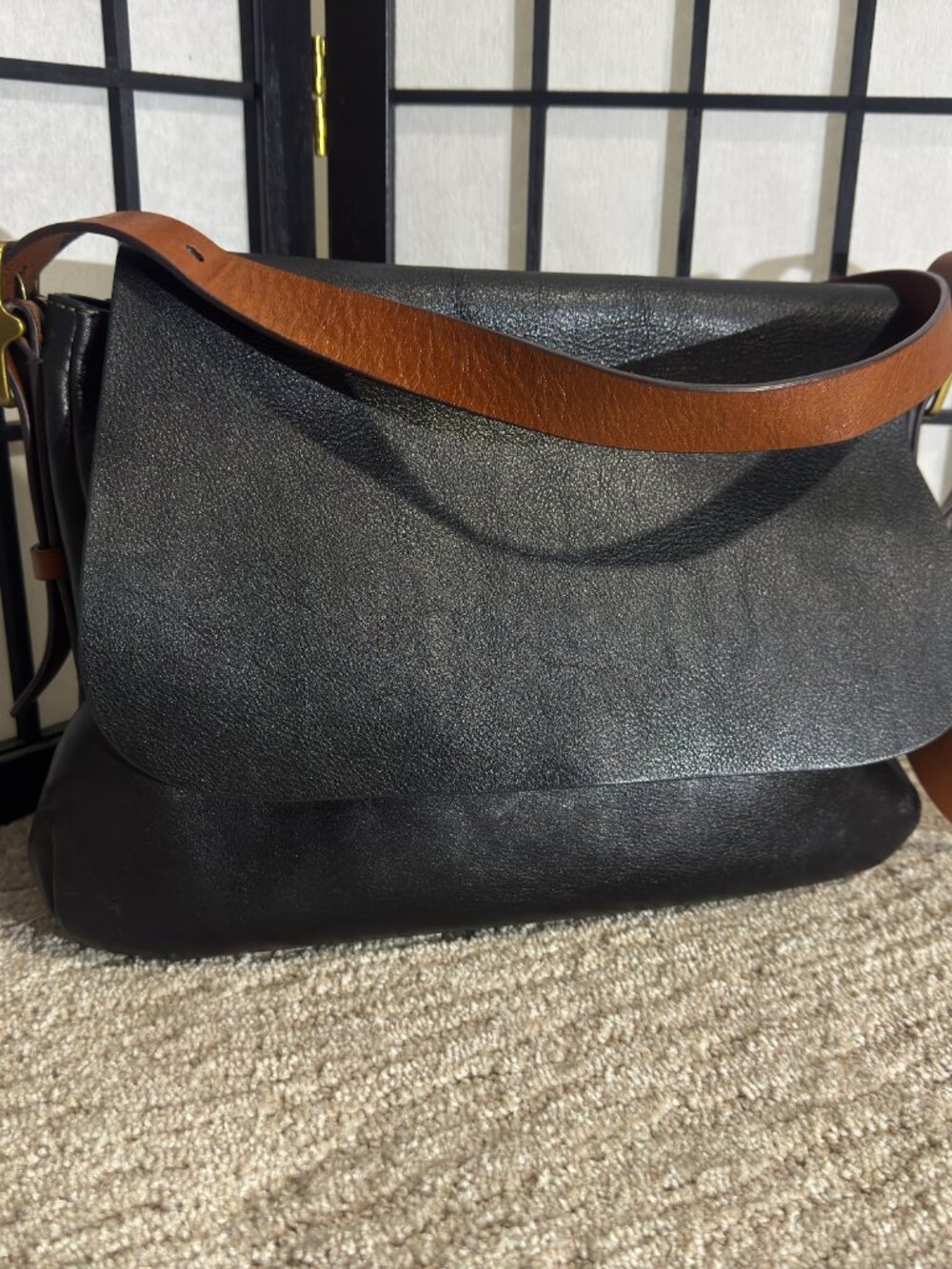 Fossil Leather Crossbody Bag | Black Purse with Brown Strap